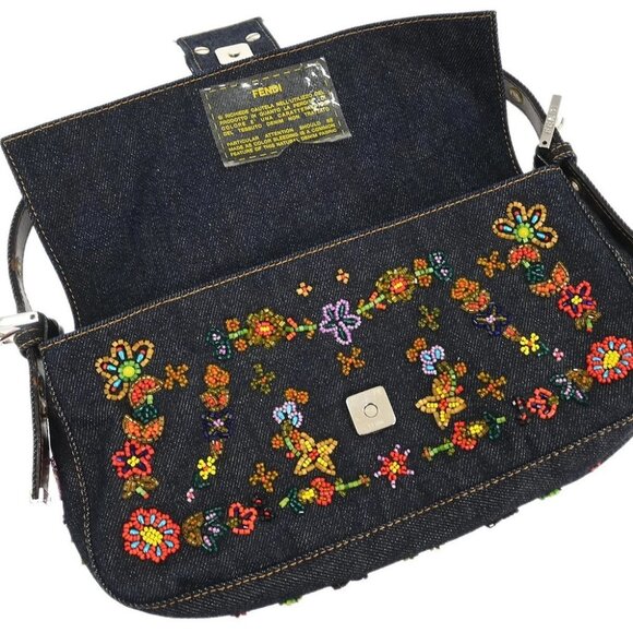 Fendi Navy Denim Beaded Baguette Handbag - Picture 8 of 10